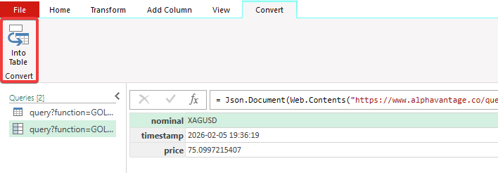 Power Query window in Excel.