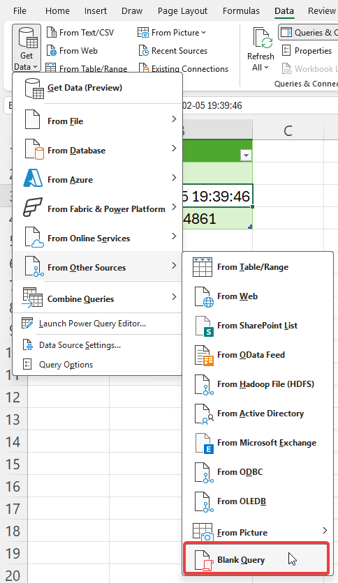 Creating a blank query in Power Query.
